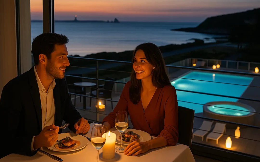 Un couple dîne en amoureux à la lueur des bougies, face à la mer au soleil couchant. En arrière-plan, une piscine éclairée et un jacuzzi surplombent l’océan. L’ambiance est chaleureuse, élégante et propice à la déconnexion.